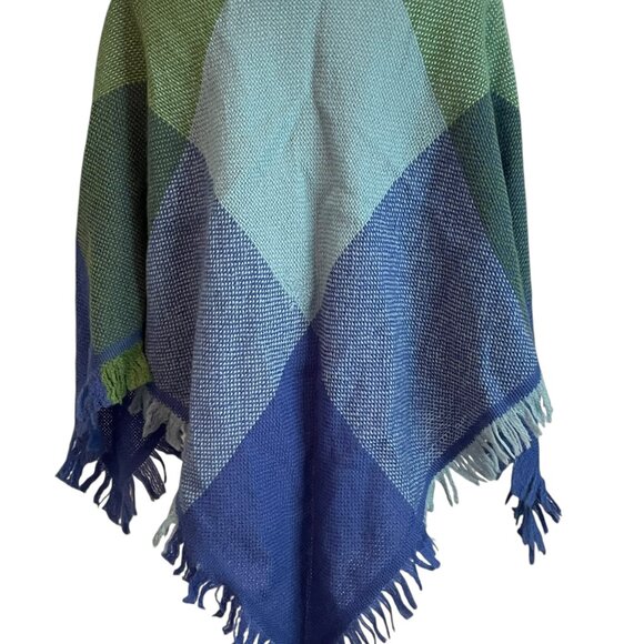 CHURCHILL Plaid Wool Poncho Cape Womens Fringe Blue Green Tweed Handwoven OSFM - Picture 3 of 9